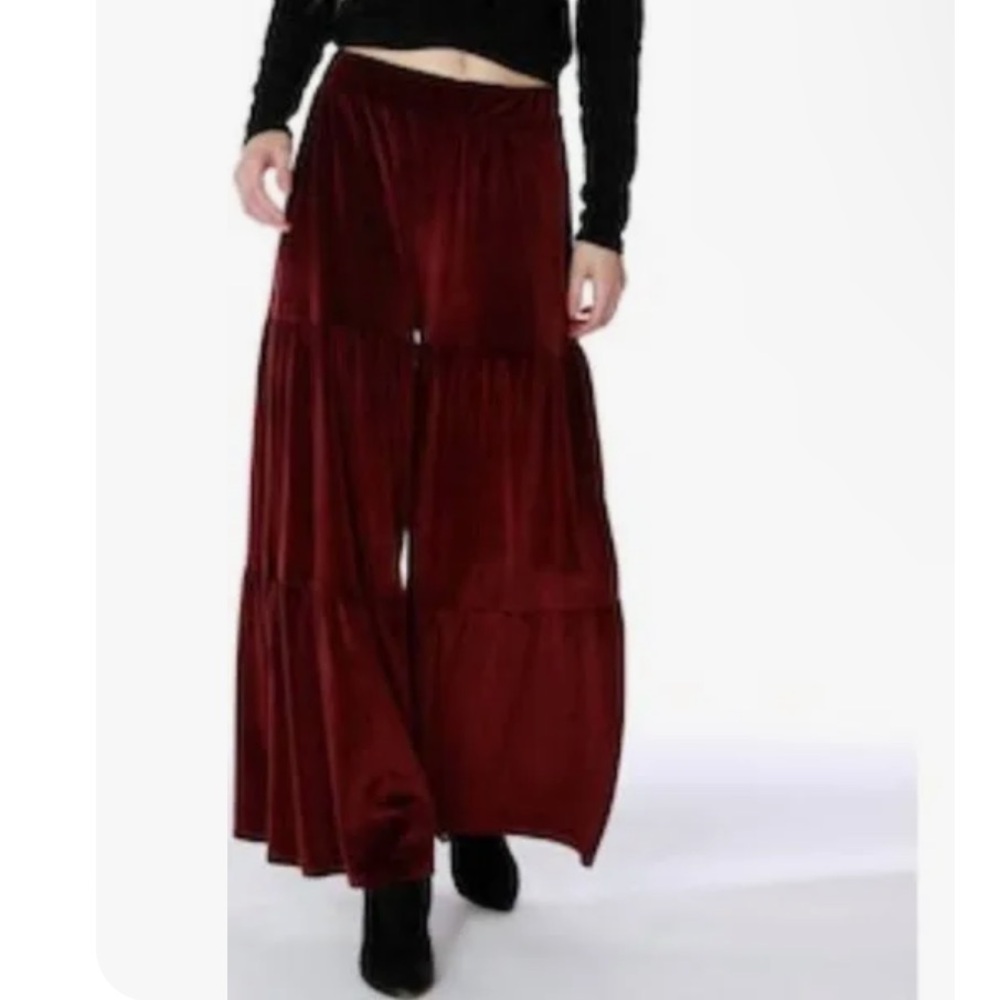 Bobi Los Angeles Boho Wide Leg Shirred Velvet Burgundy Pants Size S